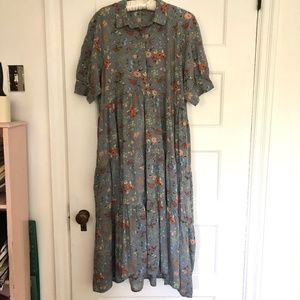 Natural Life hi-low tiered long dress gray background with orange peach and blue